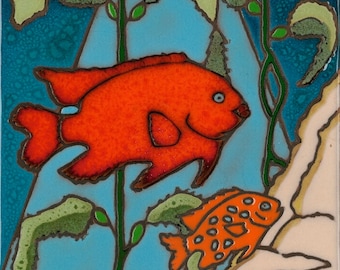 Ceramic Tile Garibaldi Fish and baby hot plate trivet wall decor kitchen back splash bathroom mural mosaic installation hand painted in USA