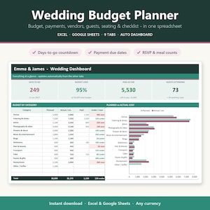Op de afbeelding: Een digitaal spreadsheet voor huwelijksbudgetplanning voor Excel en Google Sheets. De interface bevat een dashboard met een aftelling, budgettracking, betalingsstatus en gastenaantallen, naast een gedetailleerde categorietabel en een staafdiagram.