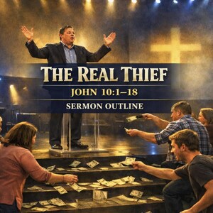 Könnte beinhalten: Eine Predigt-Gliederung mit dem Titel THE REAL THIEF JOHN 10:1-18 zeigt einen Redner am Pult mit erhobenen Armen vor einem leuchtenden Kreuz. Darunter versammeln sich Menschen auf Stufen voller Geldscheine und greifen nach dem verstreuten Geld.