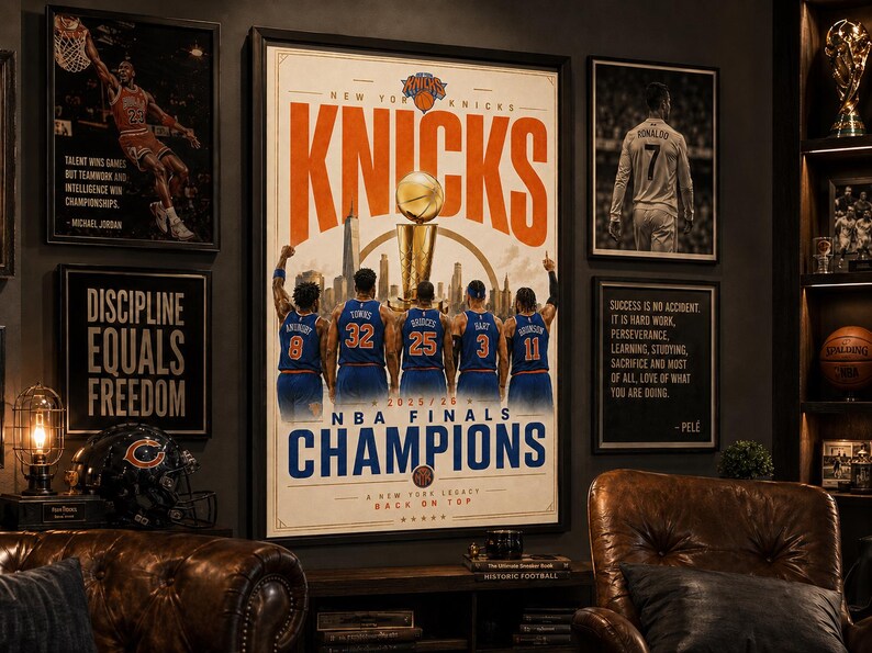 Pode incluir: Um cartaz vertical emoldurado apresentando os New York Knicks como campe&otilde;es das finais da NBA de 2025-26. O gr&aacute;fico exibe cinco jogadores de basquete com camisas azuis diante de um trof&eacute;u dourado, com o texto em negrito e destaque.