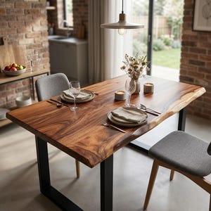 May include: A rectangular dining table with a natural live-edge wood grain top and black metal U-shaped legs. The table is set with two place settings, each featuring a ceramic plate, a folded beige napkin, a fork, a spoon, and a glass.