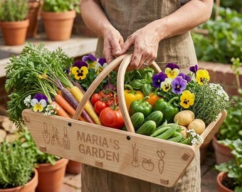 Custom Garden Gathering Basket, Personalized Harvest Tote, Vegetable Garden Gift, Dad Gardening Gift, Rustic Farm Basket
