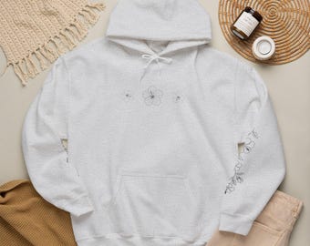 Minimal Floral Sketch hoodie | White hoodie with delicate sleeve script