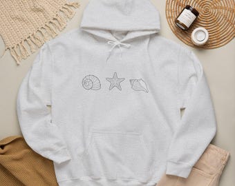 Sea Shells and Starfish Hoodie | Minimal Beach Line Art Sweatshirt