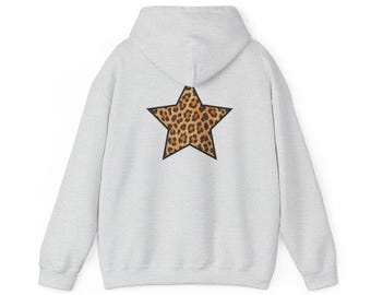 Leopard Print Star Hoodie | Animal Print Back Design, Cozy Fleece Sweater