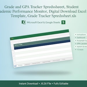 Grade and GPA Tracker Spreadsheet PDF | Student Academic Performance Monitor & Grade Calculator