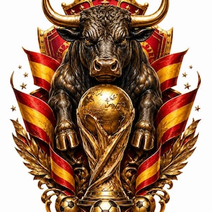 Digital nedladdning, Spanien Bull Fotboll PNG, VM-inspirerad fotboll Clipart, Guld Trofé Sublimering, Tröjdesign PNG