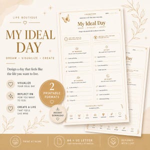 May include: A printable planner page titled My Ideal Day with sections for morning, day, evening, and night routines. The document features gold-toned text, line art of a butterfly and leaves, and includes text prompts for daily reflection and goal setting.