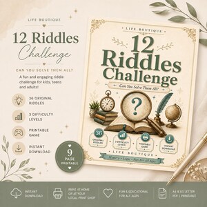 May include: A 9-page printable 12 Riddles Challenge game document featuring a magnifying glass with a question mark, an open book, a pocket watch, a globe, and a quill pen. The text includes 36 original riddles, 3 difficulty levels, and instant download.