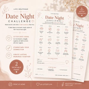 May include: A printable Date Night Challenge document featuring 12 date ideas with icons, including a grid for tracking activities, favorite dates, and post-date reflections. The design uses a neutral color palette with text and line art.