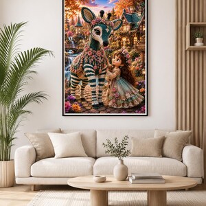 May include: A framed wall art print featuring a stylized illustration of a teal and white striped deer with floral accents standing next to a small child in a ruffled dress, set against a backdrop of a whimsical garden with a cottage and waterfall.