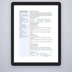 May include: A digital tablet displaying a professional CV template for a Senior Project Manager named Michael Chang. The document includes sections for professional summary, core competencies, certifications, experience, and project portfolio.