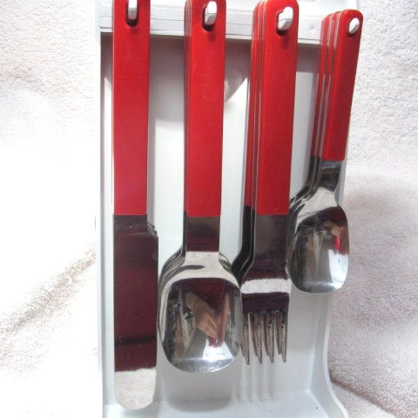 6 Sets of Flatware on Caddy - Red