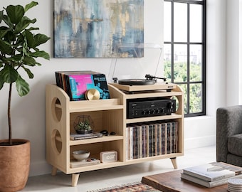 Record Player Stand with Vinyl Storage, Solid Wood Turntable Cabinet, LP Record Organizer, Mid Century Modern Media Console Modern Decor