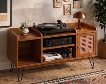 Rattan Record Player Stand, Vinyl Turntable Stand, Solid Wood LP Cabinet, Modern Retro Music Decor, Nostalgic Audio Table, Boho Storage