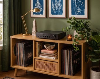 Solid Wood Hazeran Record Player Stand, Vinyl Storage Cabinet, Turntable Stand, LP Shelf, Mid Century Modern Retro Decor