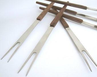 Danish Modern Selandia Danish Steel Forks Teak Handles Barbed Tines 70s Vintage Hot Pot Utensils Fondue Forks Excellent Condition