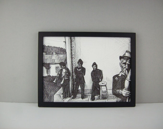 Black and White Artwork 9 X 12 Vintage Original Ink Drawing of Street Musicians Signed by Artist
