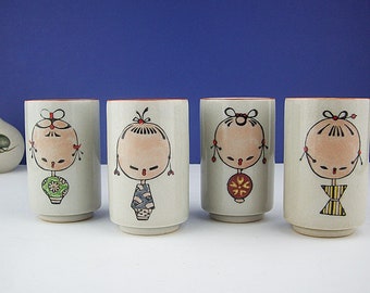 Vintage Otagiri Kokeshi Sake Cups Set of 4 in Handprinted Porcelain, Asian Wine Cups