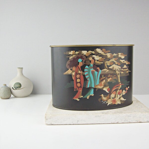 Vintage Tole Craft Paint by Number Metal Tin, Asian Women in Garden, Geisha Girl, PBN, Mid Century Toleware Paint by Numbers Mail Holder