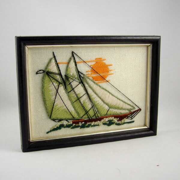Vintage Crewel Sail Boat Art Framed Nautical Needlepoint 1970s