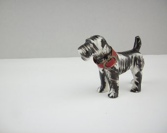 Vintage Black and White Dog with Red Collar Figurine, Schnauzer, Terrier, Made in Japan, Dog Figure