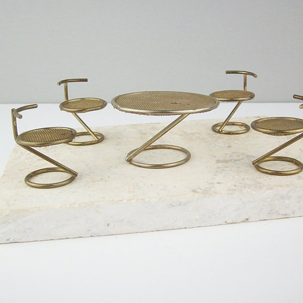 Mid Century Miniature Modern Patio Set with Table and 4 Chairs, Vintage Dollhouse Furniture