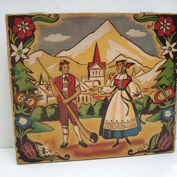 Vintage Swiss Storage Box with Alpine Motif, Switzerland Native Costumes