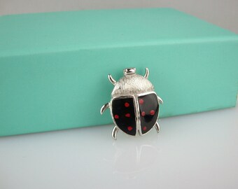 Vintage Silver Tone Ladybug Brooch with Black and Red Enamel Accents, Retro Pin