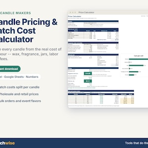 Puede incluir: Una plantilla de hoja de cálculo digital para calcular precios de velas y costes por lote para Excel, Google Sheets y Numbers. La interfaz muestra campos para materiales, mano de obra, equipo, precios mayoristas y minoristas y pedidos al por mayor.