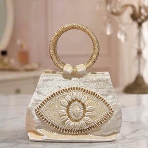Cowrie Shell Bag, Velvet Evil Eye Evening Purse, Gold Ring Handle for Sangeet