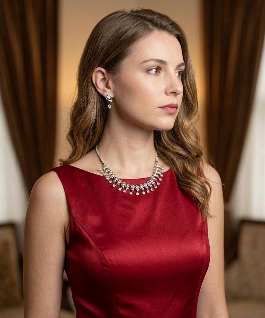Model wearing a silver-tone crystal choker necklace and matching drop earrings