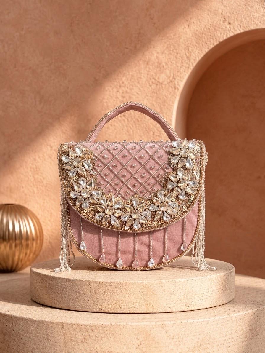 Dusty pink hand-embroidered velvet evening bag with pearl and rhinestone tassels