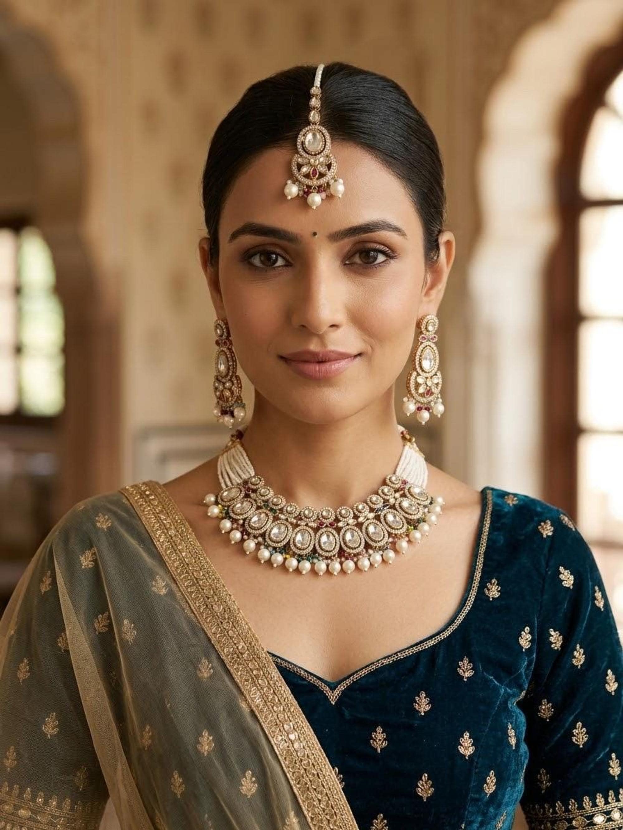 Kundan pearl choker set with matching maang tikka