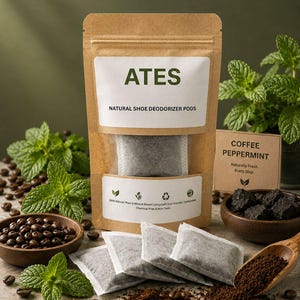 May include: A brown kraft paper pouch labelled ATES NATURAL SHOE DEODORIZER PODS containing small fabric sachets. The label lists features including 100% Natural, Plant & Mineral Based, Uncycled, Eco-Friendly, Sustainable, Chemical-Free & Non-Toxic.