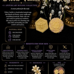 May include: Two bars of handcrafted natural soap, one hexagonal with a bee emblem and one circular with a swirl pattern. The text reads Dark Web Soap, Widow Vanilla, Apothecary Botanic Collection, and lists ingredients like shea butter and honey.