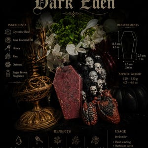 May include: A coffin-shaped bar of dark red soap with visible textured inclusions, accompanied by small skull and anatomical heart figures. The product label lists ingredients including glycerine, rose oil, honey, rice, and oatmeal, with dimensions of 4.5 by 2.6 by 1 inches.