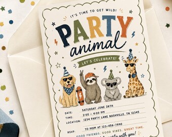 May include: A cream-colored party invitation card with a scalloped border featuring the text PARTY animal and LET'S CELEBRATE. Illustrations include a dog, sloth, koala, and giraffe wearing party hats and sunglasses, with event details listed below.