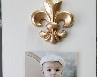 Gold Fleur-de-lis Frame 4x6  Frame Painted Distessed Oyster White - Baby Gift- Wedding- Birthday- Hostess