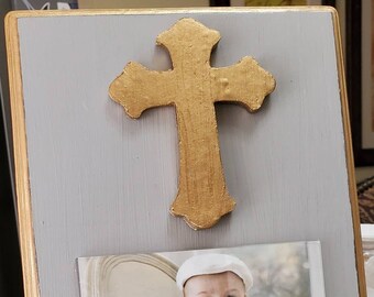 Gold Cross Frame 4x6 Photo Frame Painted Paris Gray Distessed - Baby Gift- Wedding- Birthday- Hostess