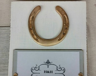 Gold Leaf Horseshoe  on Handmade Wood Picture Frame - Painted White and Distressed Gray - 5x7 Photo - Gift - Horse Lover - Luck.