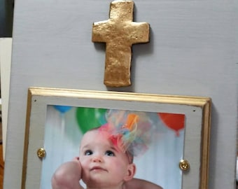 Handmade Wood Frame Franciscan Grey - Distressed aged finish with Gold Cross - Wedding - Baby - House Warming Gift.