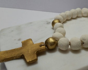 White Blessing Beads Clay Handmade With Gold Leaf And Cross -  Wedding Gift,  Baby Gift, Housewarming Gift, Bridal Shower Gift.