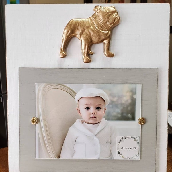 Bulldog on Handmade Wood Picture Frame - Painted White and Distressed Gray - 5x7 Photo - Gift - Bulldog Lover.