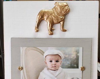 Bulldog on Handmade Wood Picture Frame - Painted White and Distressed Gray - 5x7 Photo - Gift - Bulldog Lover.