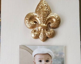 Gold Fleur-de-lis Frame 4x6  Frame Painted Distessed Oyster White - Baby Gift- Wedding- Birthday- Hostess