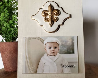 Frame With Gold Gilded Shaped Tile And Gold Fleur-de-lis 4x6 Horizontal Photo Painted Christening Baby Gift Weddings Gift Hostess Gift