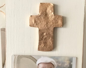 Large Handmade Gold Leaf Cross Frame 4x6 Horizontal Photo Oyster White Christening, Baby, Religious Gift.