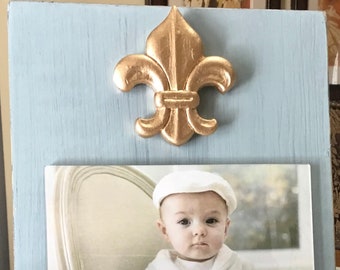 Handmade Wood Frame 4x6 Photo Painted Duck Egg Blue - Distressed With A Gold Leaf  Fleur de lis  - Mardi Gras - Nola- New Orleans