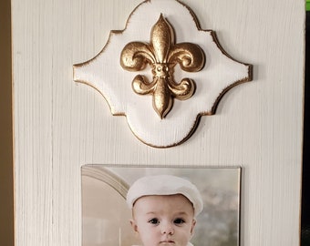 Frame With Gold Gilded Shaped Tile And Gold Fleur-de-lis 4x6 Vertical Photo Painted Oyster White Christening Baby Gift Weddings Gift